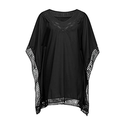 Cover Up Mujer Beachwear 2019 Nuevo SHOBDW Pareos Playa de Verano Casual Color Sólido Tops Blusa Fuera del Hombro Encaje Vestido Suelto Tallas Grandes S-XXL(Negro,XL)