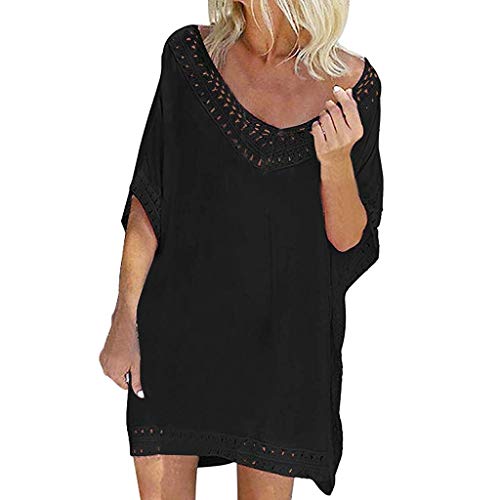 Cover Up Mujer Beachwear 2019 Nuevo SHOBDW Pareos Playa de Verano Casual Color Sólido Tops Blusa Fuera del Hombro Encaje Vestido Suelto Tallas Grandes S-XXL(Negro,XL)