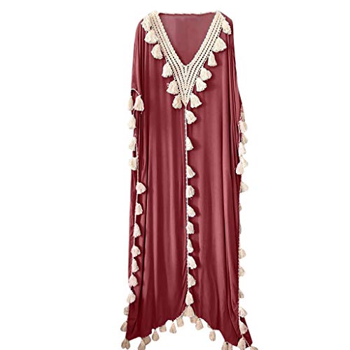 COZOCO Nueva Bohemia Verano Falda Playa Suelta Cintura Vestido Nacional Viento Verano PAI Playa Borla（Rojo，XL）