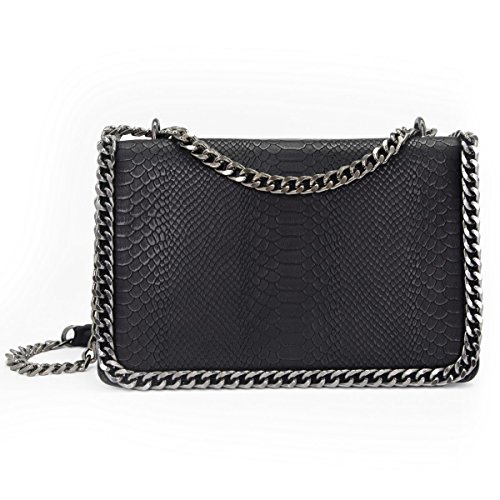 CRAZYCHIC - Bolso Serpiente Mujer - Bolso Bandolera Cadena Acolchado Piel Pitón Cuero PU Señora - Grande Mensajero Clutch Pochette Crossbody Bag - Bolso Cruzado Embrague Noche Negro