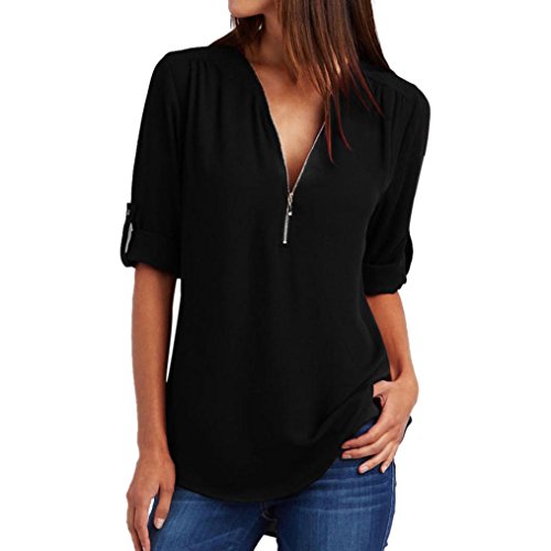 Cremallera Superior Mujer Verano Sexy, Covermason Blusa de Manga Larga para Mujer Blusa de Manga Larga(48,Negro)