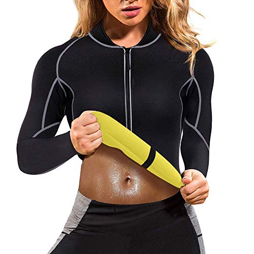 CRMY Traje de Sauna para Adelgazar con Sudor para Mujer, Camisa de Entrenamiento de Neopreno, Moldeador de Cuerpo, Cremallera, Chaqueta Delgada para Fitness, Fajas de Manga Larga (Size : S)