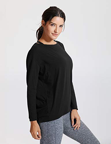 CRZ YOGA Mujer Loose Fit Top Ropa Deportiva Camiseta De Manga Larga con Cuello Barco Negro 36