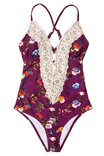 CUPSHE Bañador Mujer Lace Cuello en V Traje de Baño Una Pieza, M