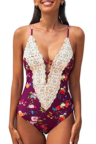 CUPSHE Bañador Mujer Lace Cuello en V Traje de Baño Una Pieza, M