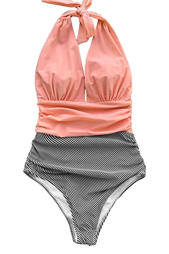 CUPSHE Bañador para Mujer Halter Cuello en V Fruncido Traje de Baño de Una Pieza, Rosa, XS