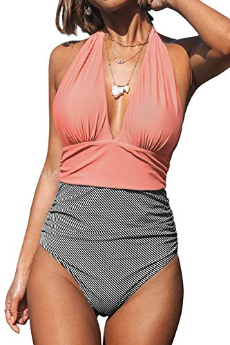 CUPSHE Bañador para Mujer Halter Cuello en V Fruncido Traje de Baño de Una Pieza, Rosa, XS