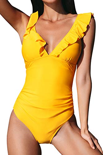 CUPSHE Bañador para Mujer Volante Cuello en V Fruncido Traje de Baño de Una Pieza,Amarillo,S