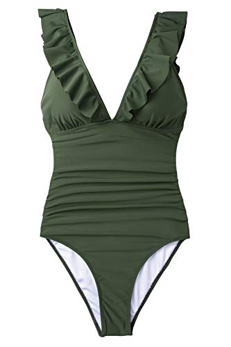 CUPSHE Bañador para Mujer Volante Cuello en V Fruncido Traje de Baño de Una Pieza,Verde,XXL