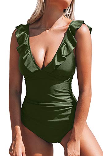 CUPSHE Bañador para Mujer Volante Cuello en V Fruncido Traje de Baño de Una Pieza,Verde,XXL