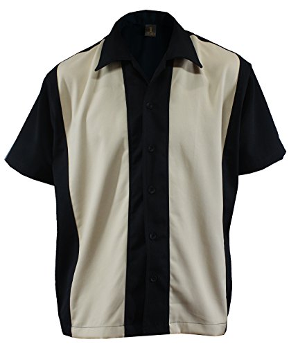 D600 - Camisa de bolos para hombre, estilo rockabilly, dos tonos negro y beige XL