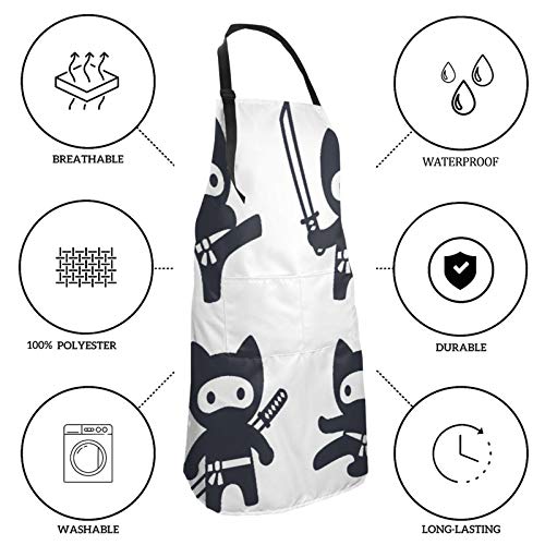 DAHALLAR Ajustable Colgante de Cuello Personalizado Delantal Impermeable,Cute dibujos animados Ninja Cat Set Adorable estilo japonés moderno en blanco y negro,Babero de Cocina Vestido con 2 Bolsillos