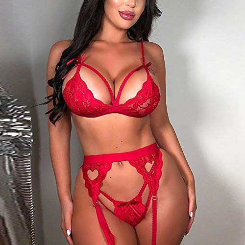 Deep V Encaje Tanga de Lencería Mujer Conjuntos Sujetador Liguero Medias Sexy Teddy Pijamas Monos Babydoll Lencería con G-String