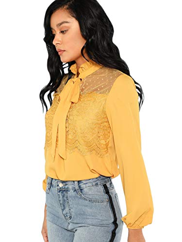 DIDK Elegante blusa de gasa para mujer, cuello alto, monocolor, camiseta de manga larga, con encaje, volantes, camiseta de trabajo, parte superior con lazo frontal amarillo S