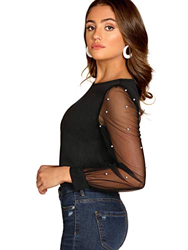 DIDK Elegante blusa de gasa para mujer, cuello redondo, monocolor, manga larga, parte superior de malla con perlas Negro M