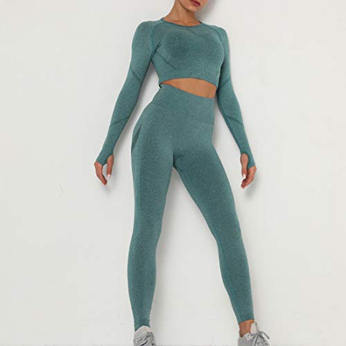 Dihope Conjunto Deportiva para Mujer 2 Piezas Top Corto de Manga Larga de Running Pantalones de Cintura Alta Elásticos Leggings de Fitness sin Costuras para Yoga Gimnasio Trotar，Verde Oscuro，S