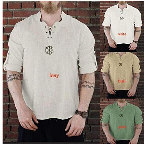 Disfraz de Lino Medieval para Hombre, túnica, Cuello en V, Traje de Manga Larga, Camisa vikinga, Camisa Pirata Hippie, Abuelo