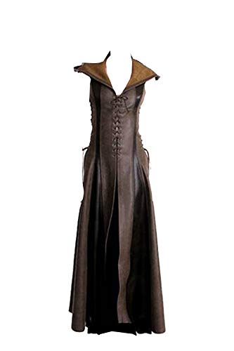 Disfraz Medieval de Mujer Vestido de Lujo Vintage Adulto Marron Sexy sin Mangas con Capucha Traje de Cuero PU,L