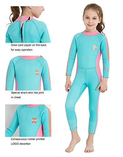 DIVE&SAIL - Traje de Neopreno Precio para Niño de 2.5mm con Mangas Largas Mantener Calor Protección Solar Maillot de Buceo con Cremallera - Azul Rosa - Talla S