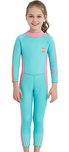 DIVE&SAIL - Traje de Neopreno Precio para Niño de 2.5mm con Mangas Largas Mantener Calor Protección Solar Maillot de Buceo con Cremallera - Azul Rosa - Talla S