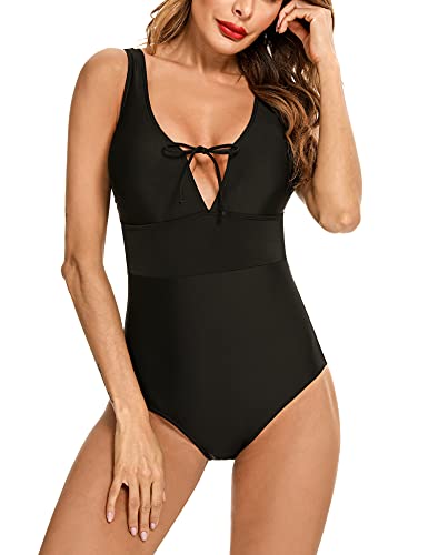 Doaraha Bañador de Una Pieza para Mujer, Trajes de Baño Verano Elegante y Sexy, Bañador Cuello en V Profundo Ajustable de Color Sólido con Relleno, Monokini para Playa Natación Vacación, Negro, XL