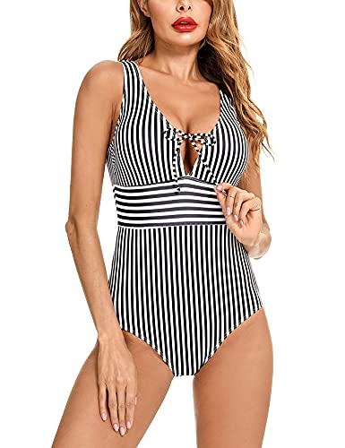 Doaraha Bañador de Una Pieza para Mujer, Trajes de Baño Verano Elegante y Sexy, Bañador Cuello en V Profundo Ajustable de Rayas con Relleno, Monokini para Playa Natación Vacación, Negro y Blanco, XXL