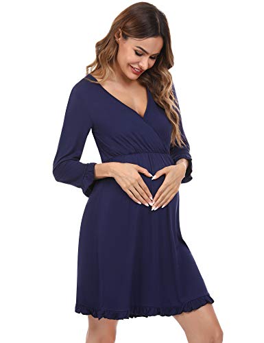 Doaraha Camisón Lactancia Algodón Mujer Ropa de Dormir Premamá Hospital Vestido de Maternidad Embarazo Pijama Embarazadas Camisones Embarazada Manga Corta 3/4 Suave (Azul, M)