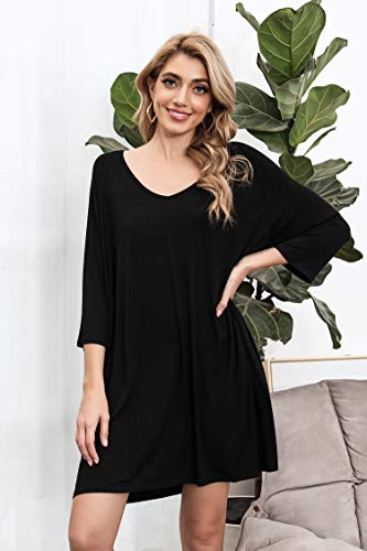 Doaraha Camisones de Algodón Modal para Mujer Vestido Camisón Super Suave Pijama Ropa de Dormir Talla Grande Verano Camisa de Dormir Cuello en V Manga 3/4 Loungewear (Negro, 2XL)