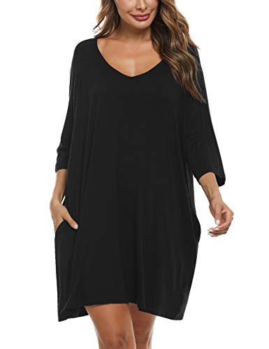 Doaraha Camisones de Algodón Modal para Mujer Vestido Camisón Super Suave Pijama Ropa de Dormir Talla Grande Verano Camisa de Dormir Cuello en V Manga 3/4 Loungewear (Negro, 2XL)