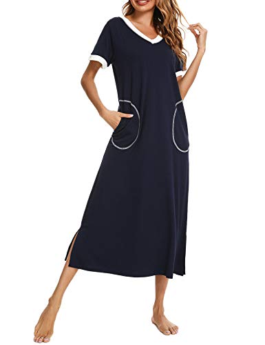 Doaraha Camisones Largos Mujer Camisón Suave Vestido Pijama Ropa de Dormir con Bolsillo Algodón Talla Grande Verano Cuello en V Manga Corta Loungewear (Azul Profundo, XXL)