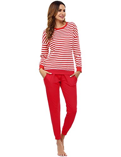 Doaraha Pijamas Algodón para Mujer Estampado de Rayas Ropa de Dormir Camiseta Manga Larga con Pantalones Larga Puño Elástico Conjunto de Pijamas Suave y Transpirable (Rojo, M)