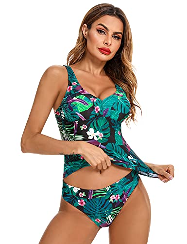 Doaraha Tankinis Mujer Traje de Baño de Dos Piezas Tankini y Breifs Diseño de Flores Conjunto de Bañador para Playa, Piscina, Vacaciones,Fiesta