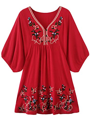 Doballa - Vestido de estilo bohemio, mini blusa, túnica de estilo mejicano, con bordado floral para mujer Flor Roja XL