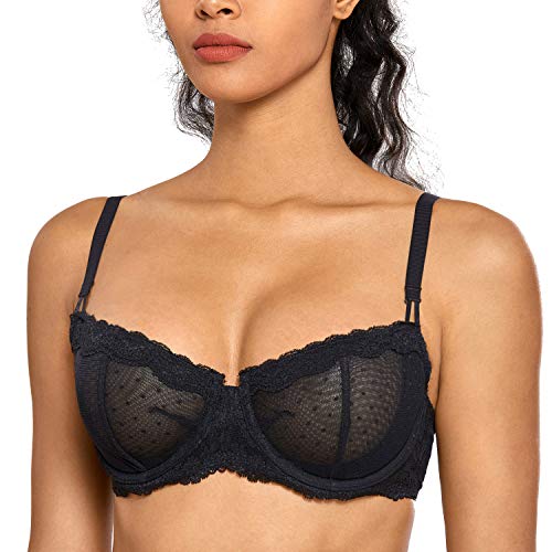 DOBREVA Women's Sexy Lace Unlined Underwire Balconette See Through Sheer Bra Negro 85B