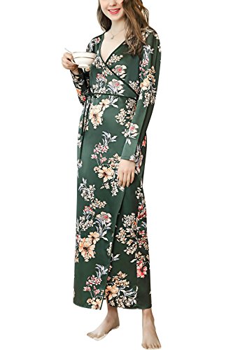 Dolamen Mujer Vestido Kimono Satén, Camisón para Mujer, Flores Florales Robe Albornoz Dama de Honor Ropa de Dormir Pijama, Largo 2018 Busto 100 cm (Busto Larghezza 100 cm, Verde)