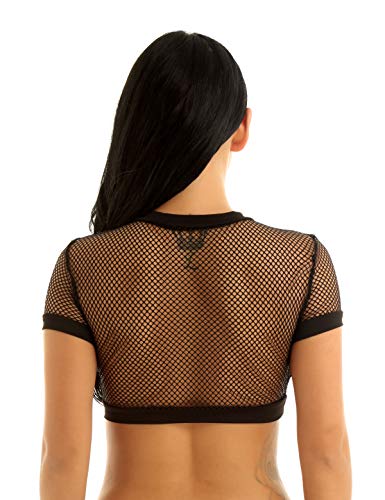 dPois Camiseta Mujer Manga Corta Sexy Crop Top de Malla Rejilla Perspectiva Chaleco Deportivo Transparente Camiseta Corto Ropa de Fiesta Club Noche Fishnet Shirt de Moda Elastico Negro Small