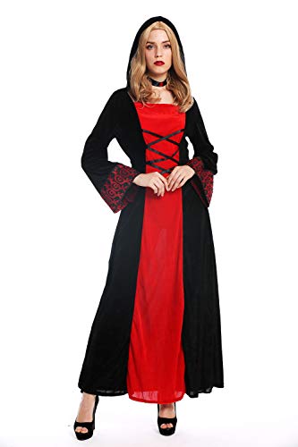 dressmeup - W-0032 Disfraz Mujer Feminino Halloween Elfo sílfide Hada Maga Edad Media Vestido Largo con Capucha Negro Rojo Talla M