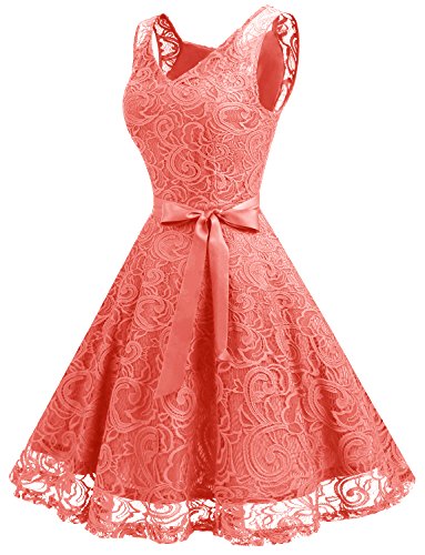 Dressystar Vestido Fiesta Corto Flor Encaje Elegante Mujer Sin Mangas para Dama De Honor Coral XS