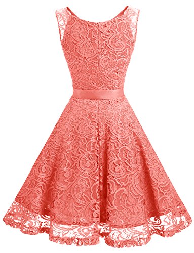 Dressystar Vestido Fiesta Corto Flor Encaje Elegante Mujer Sin Mangas para Dama De Honor Coral XS