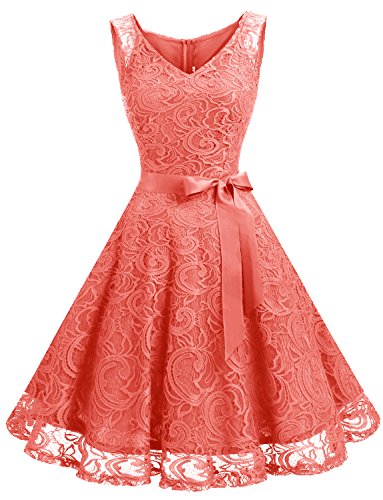 Dressystar Vestido Fiesta Corto Flor Encaje Elegante Mujer Sin Mangas para Dama De Honor Coral XS