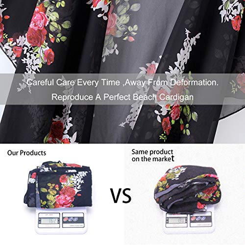 ECOMBOS - Kimono largo para mujer con estampado floral, para la playa, gasa o para el verano, estilo bohemio Negro M