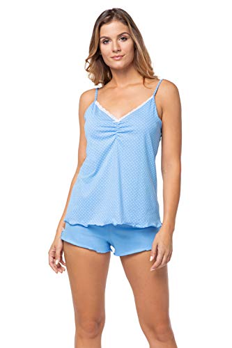 e.FEMME® Conjunto de pijama para mujer de algodón con camiseta y pantalones cortos Kitty 899 azul 44