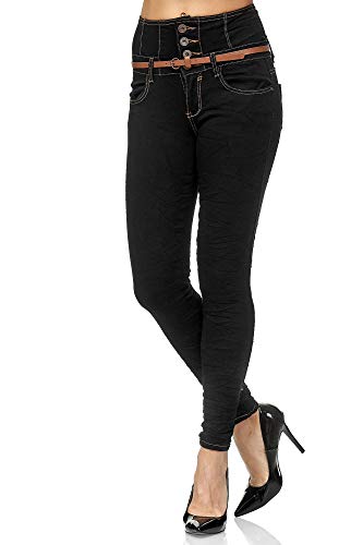 Elara Vaqueros Mujer Cintura Alta Push Up con Cinturón Chunkyrayan Negro 1578 Black-40 (L)