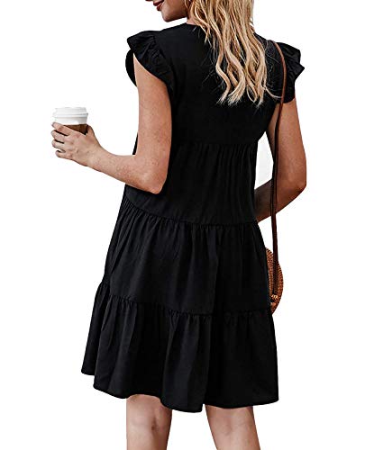 Eledobby Vestido de Túnica sin Mangas para Mujer Vestidos con Volantes y Volantes Boho Vestido de Tirantes Plisado Casual Primavera Verano Ropa para Fiesta Playa Color Sólido Negro S