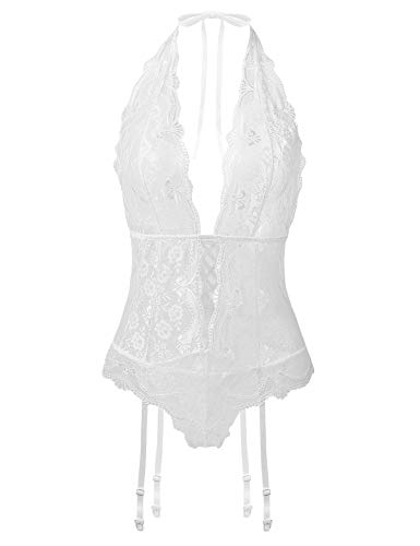 EVELIFE Body de Encaje Mujer Sexy Cuello en V Profundo Ropa Interior, Halter Sin Espalda Bodysuit Conjunto de Lencería con Liguero y Tanga (Blanco Large)