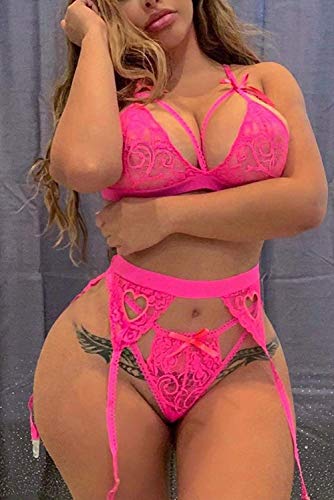 EVELIFE Conjunto de Lencería Mujer Sujetadores con Liguero Sexy Lencería 3 Piezas Tanga y Liguero Sin Medias(Rosado XL)