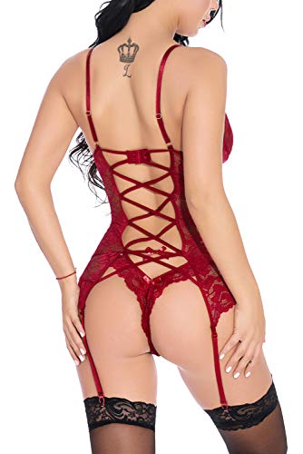 EVELIFE Mujer Sexy Conjunto de Lencería, Correa Trasera Sexy Encaje Ropa Interior + Tanga Lencería Transparente Erótico Encaje Babydoll (Rojo Large)