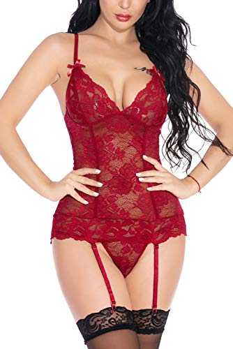 EVELIFE Mujer Sexy Conjunto de Lencería, Correa Trasera Sexy Encaje Ropa Interior + Tanga Lencería Transparente Erótico Encaje Babydoll (Rojo Large)