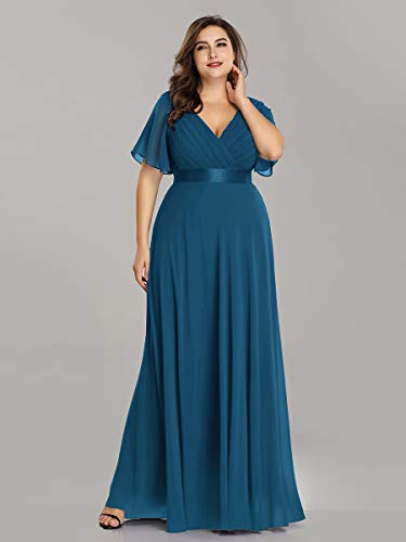 Ever-Pretty A-línea de Gala Vestido de Noche Cuello en V Manga Corta Largo para Mujer Teal 50