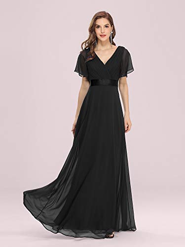 Ever-Pretty A-línea Vestido de Noche Cuello en V Manga Corta Gasa Corte Imperio para Mujer Negro 58